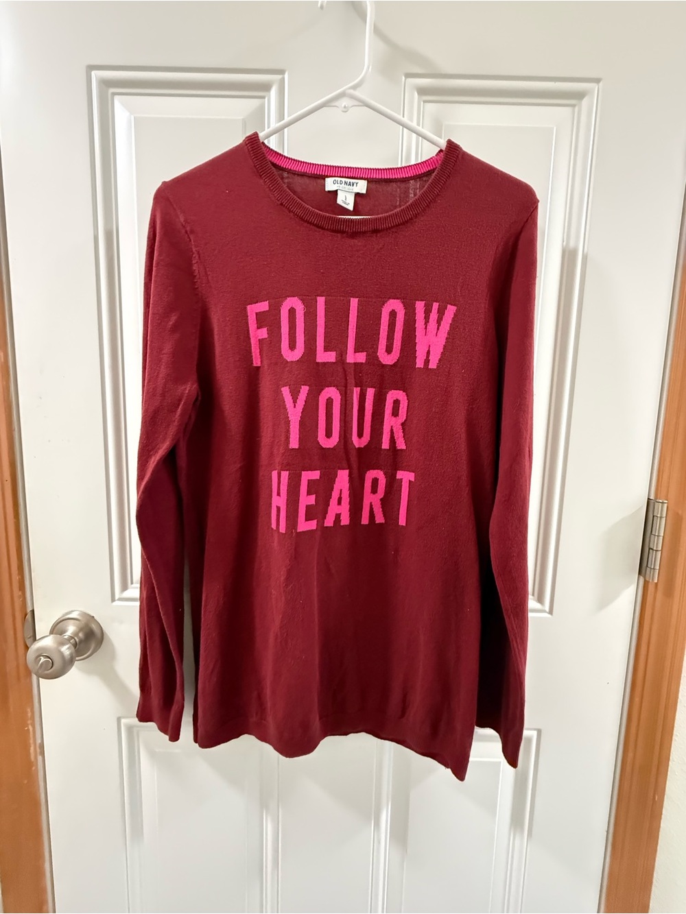 Old Navy Burgundy 'Follow Your Heart' Graphic Sweater 100% cotton, natural fiber